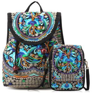 Blue Flowers Embroidery Backpack Purse with a Crossbody Phone Purse😼